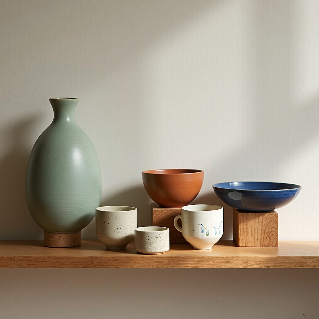 Pezzi di ceramica finiti esposti su uno scaffale