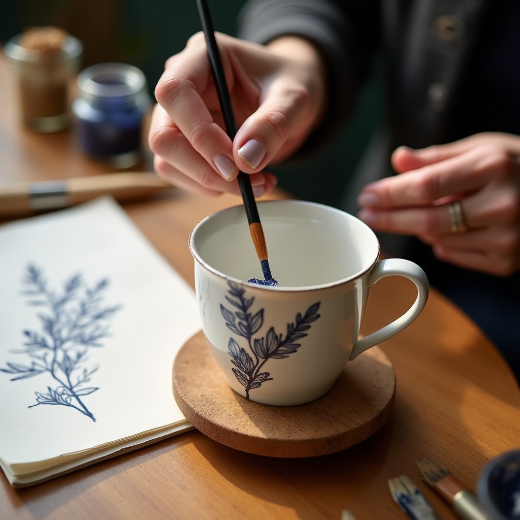 Decorazione artigianale di ceramica con pennello sottile