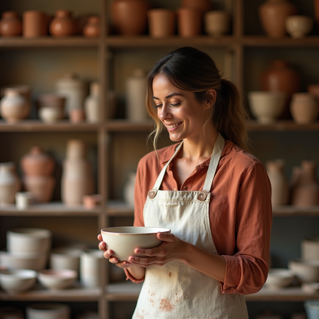 Maestra di ceramica nel suo studio con opere finite