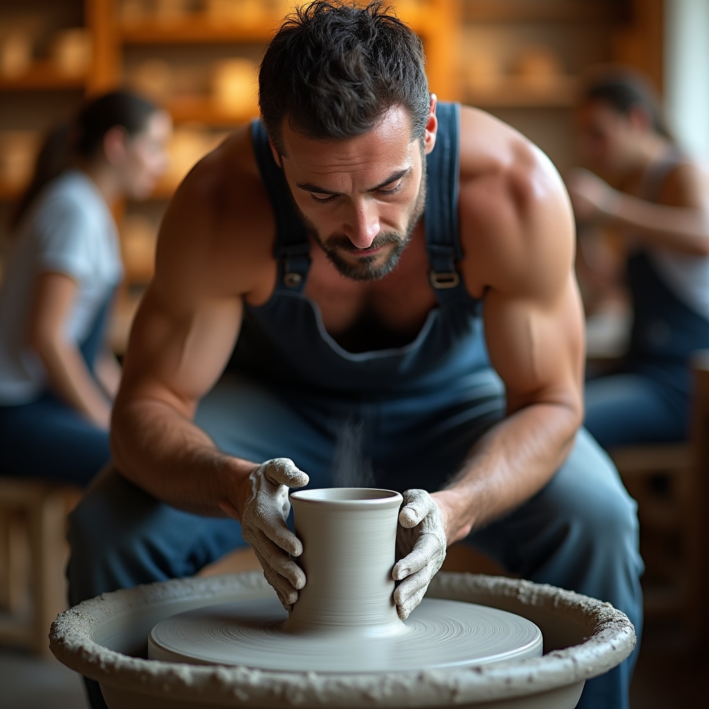 Lavoro al tornio ceramico con argilla in rotazione